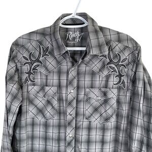 Wrangler Rock 47 Pearl Snap Western Shirt Mens M Gray Plaid‎ Embroidered read